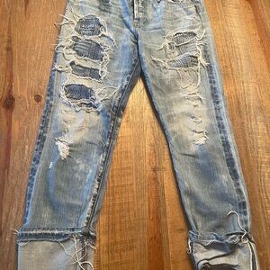 Blue Cropped Ankle Distressed Jeans